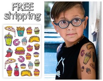 Temporary tattoos set "Fastfood": smoothie, pizza, cupcake, french fries, taco, donut, burger, coke, ice cream kids tatts. Party bag. TA035