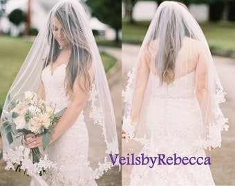 Fingertip Partial Lace veil,lace applique wedding veil, lace fingertip wedding veil, lace veil fingertip-1 tier short lace bridal veil V636