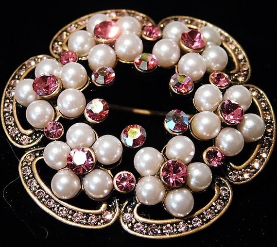Pink Rhinestone Faux Pearl Brooch AB Aurora Borealis Mid Century Vintage Brooch Wedding Bride Bridal Brooch Champagne Rhinestone Accents