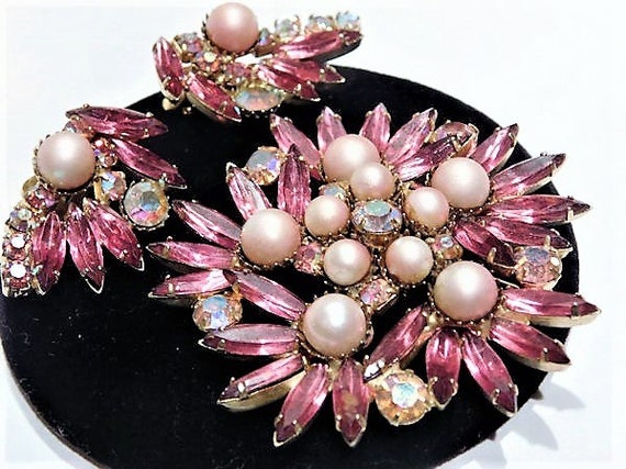 1950s Rhinestone Pink AB and Faux Pearl Brooch Clip On Earrings Set Demi Parure Mid Century Vintage Hollywood Wedding Bride Bridal Jewelry