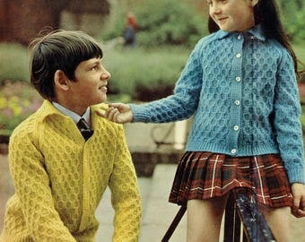 Pdf Vintage Knitting Pattern Children Kids Ladies Boy Girl 1950s 1960s ARAN Honeycomb Classic Collared Cardigans MOD Rustic Raglan Casual