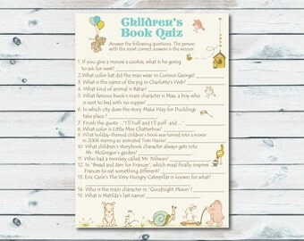 Children’s Book Quiz, Printable Storybook Baby Shower Game, Build A Library, Book Theme Game, Book Quiz, Baby Book Game, Storybook Printable