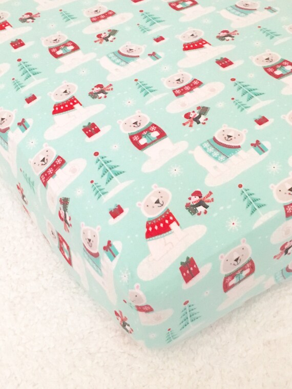 Items similar to Aqua Polar Bears and Penguins Flannel Crib Sheets // Christmas Flannel Sheets