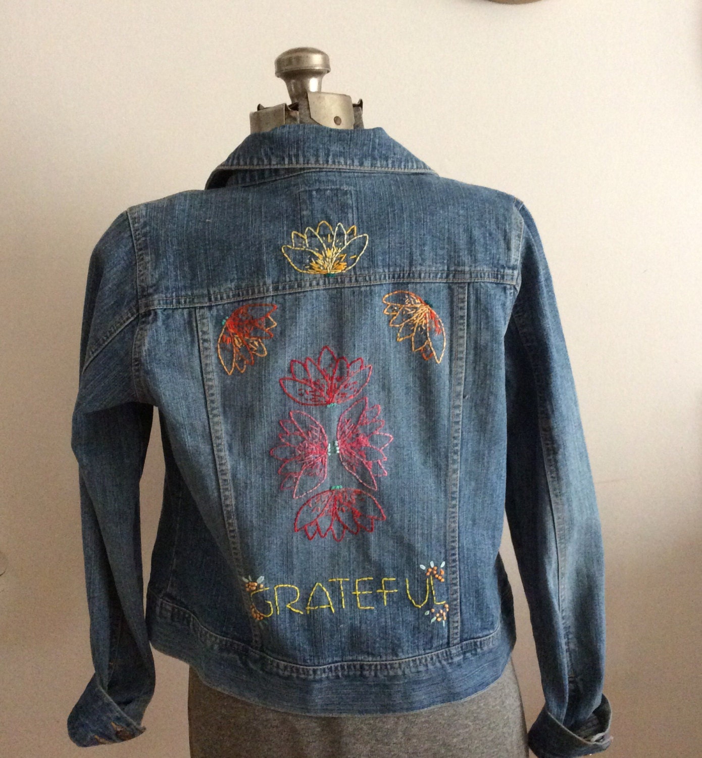 embroidered denim jacket hand embroidered by savingmyvintageheart