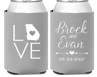 Personalized Wedding Can Coolers - Custom Wedding Favors - Custom State - Engagement Party Favors - Monogram Favors