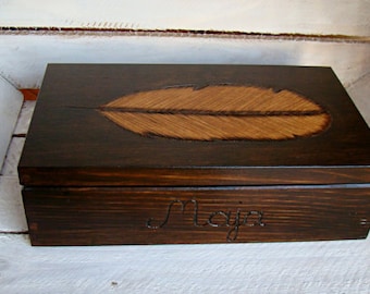 made to order, wooden box, personalized box, tea box, jewelry box, wooden tea organizer, woodburned tea box, box with name, initials box