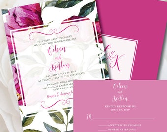 Pink Wedding Invitation, Hot Pink Wedding Invitation, Fushia Wedding Invitation, Flowers Wedding Invitation, Zinnia Invitation, Deposit