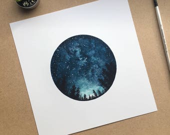 Watercolour Art Print, Starry Sky, Forest Art, Home Decor, Circle Art, Night Sky, Nature Print, Space Art, Blue, Tree Art, Landscape Print