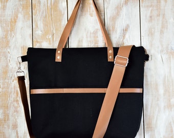 Black Canvas Bag,Black Canvas Tote,Zippered Canvas Tote,Leather Strap Tote,Canvas Crossbody,Black Canvas Tote Bag,Everday Tote Bag