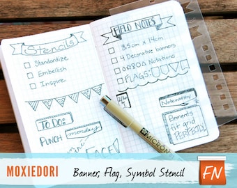 Banners and Task Bullets Stencil, Bullet Journal Stencil, Field Notes 8.5 cm by 14 cm