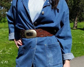 30% Ceinture marron large treissée en véritable cuir