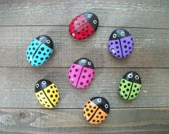 Ladybug Painted Garden Stones, Garden Decor, Garden Art, Garden Rocks, Painted Rocks, Ladybug Plant Decor, Ladybug Party Favors