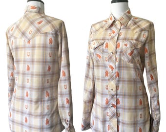 Vintage Embroidered Horse Patterned Plaid Western Shirt — S/M