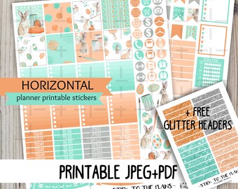 Horizontal Easter bunny printable planner stickers watercolor coral mint easter weekly sticker kit for use with Erin Condren LifePlannerTM