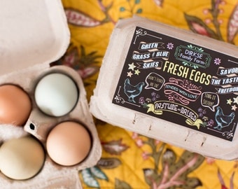 Custom Egg Carton Labels - Chalkboard Style - Pasture Raised - Happy Hens - Fresh Eggs - Customize them for your Farm - Half Dozen Cartons