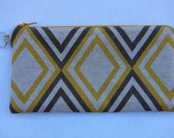 Canvas fabric fully lined pencil pouch with yellow and grey diamond pattern sturdy and fun