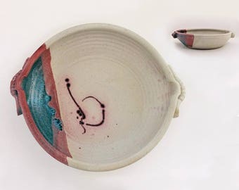 Handmade and Signed Vintage Pottery Bowl, Beige with Mauve Red and Teal, Matte Glaze