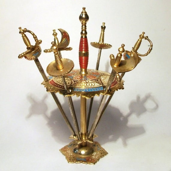 Vintage Toledo Sword Toothpick Set & Stand Gold Enamel Canapé