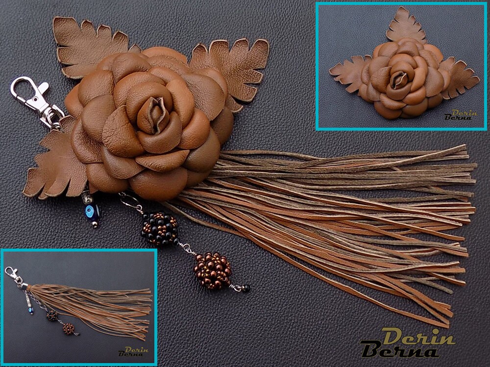 Leather tassel bag brown leather flower and fringe