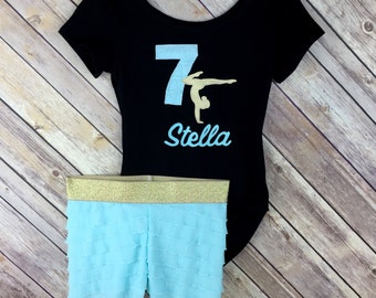 Gymnastics Leotard Outfit Birthday Personalized Gymnast Aqua and Gold