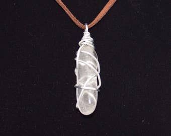 Wire Wrapped Quartz Crystal Pendant on Brown Sueded Leather