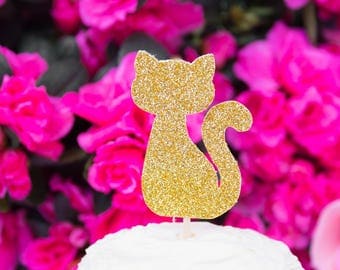 12 Cat Cupcake Toppers, Cat Birthday Party, Party Decor, Gold or Silver Glitter Topper, Cat Cake Toppers, Kitty, Party Food Picks, Kitten