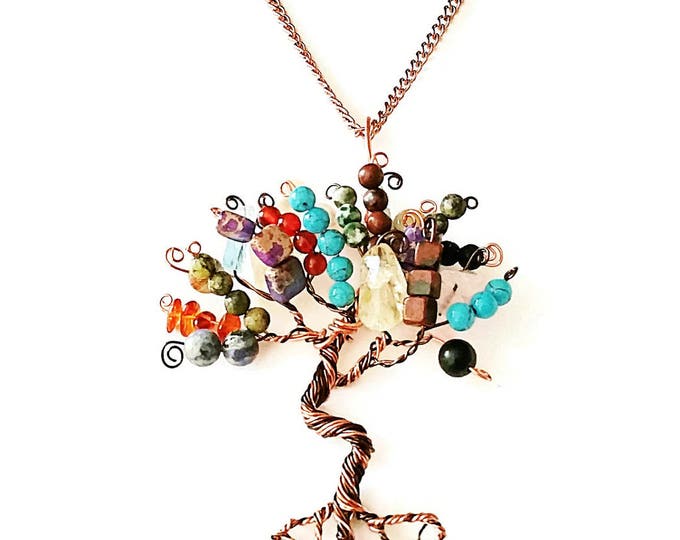 Multi Gemstone Tree of Life Necklace, Turquoise, Citrine, Sodalite, Carnelian, Agate, Jasper, Amber and Hematite Tree of Life