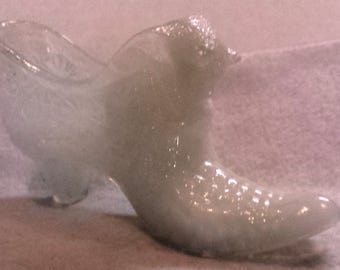 Milk Art Glass Shoe Opalescent with Lioness Head Very Rare Collector Piece