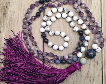 Amethyst Mala Necklace/Howlite Mala/108 Mala Necklace/Lapis Lazuli/Sodalite/Hand-Knotted/Silk Tassel/Boho Mala/Mala Beads/Migraine Support