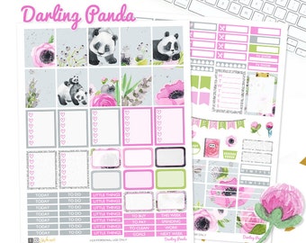 Panda Planner Stickers, Printable weekly kit, Animal stickers, Panda bear, use with Erin Condren, ECLP, floral, pink, glitter, EC, kawaii