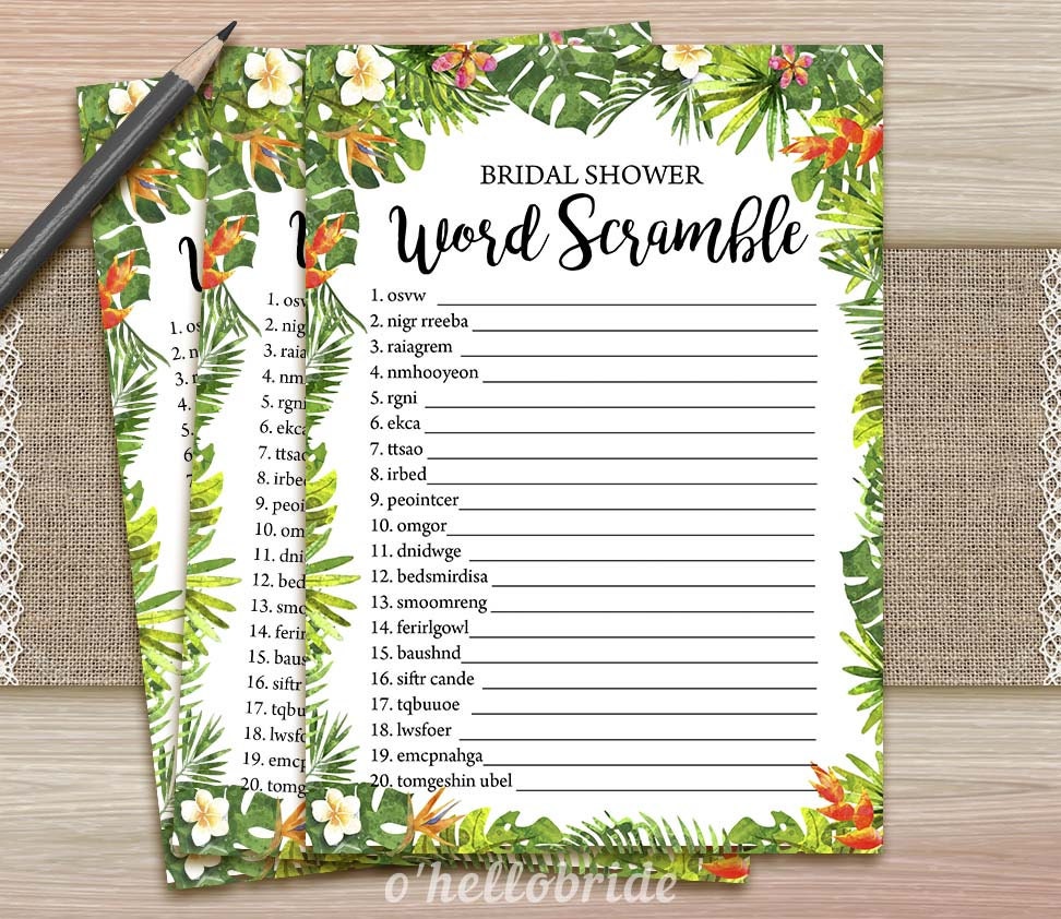 word scramble game printable tropical bridal shower luau