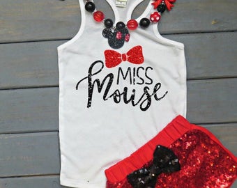 Miss Mouse Outfit, Girls' Birthday Outfit, Sequin Shorts, Baby Girl's First Birthday Outfit, Vacation Outfit, Bow Outfit, Girls' Tank Top