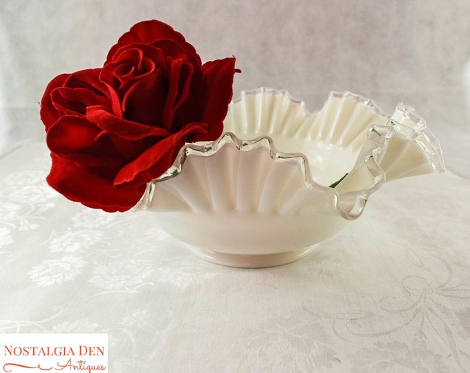 Milk Glass Centerpiece Bowl | Fenton Silver Crest | Petticoat Glass