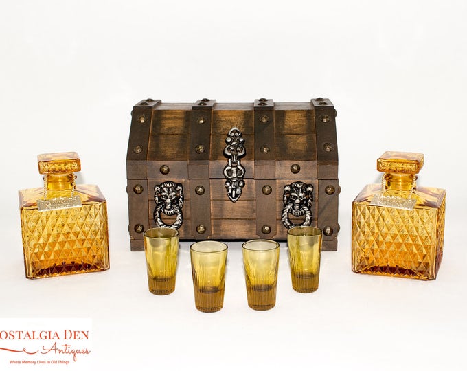 Vintage Whiskey Decanter Set | Royal Craft Barware - Wood Treasure Chest | Amber Glass Decanters and Shot Glasses