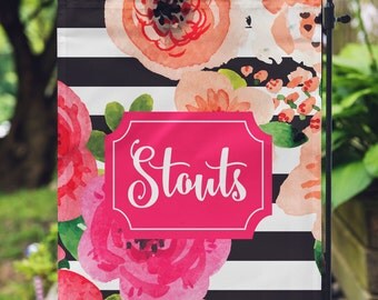 Personalized Garden Flag - Watercolor Floral Black Stripe - Fall Garden Flag Monogrammed 12 by 18 Custom Yard Flag Gifts For Her Home Decor