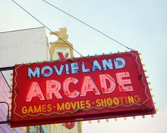 vintage neon sign, movie arcade sign, retro inspired decor, vintage marquee, vintage Vancouver, fine art photography, games room art print