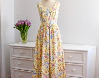 Vintage 1980's Laura Ashley Sundress Yellow Floral Tea Length Summer Spring