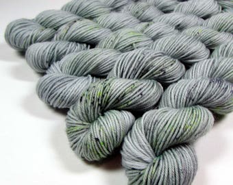 Gray Speckled Mini Skeins Sock Yarn, Hand Dyed, Fingering Weight, Green, Black Speckles, Superwash Merino Wool, Nylon, Morning Dew