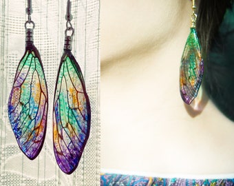 Real Cicada Wing Earring Costume Jewerly Artistic Art Nouveau Purple Green Orange Multicolor Gradation
