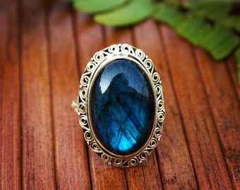 Labradorite Ring, Silver Labradorite Ring, Blue fire Labradorite Ring, Cocktail Ring, Handmade Pure 925 Sterling Silver Labradorite Jewelry