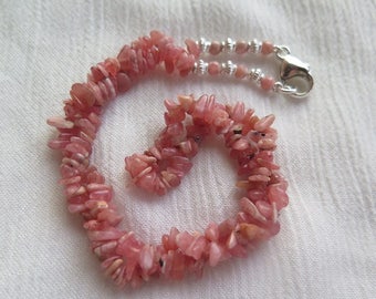 Rhodochrosite Chips Neckace with 925 Silver Parts