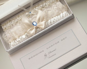 wedding garter set in box, something blue garter set, garter with something blue, something blue for bride, ivory garter set, gift for bride