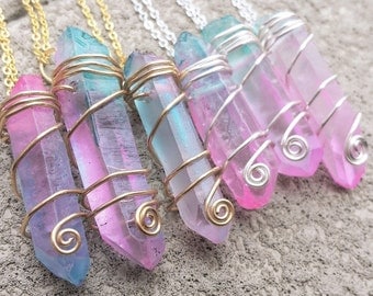 MADE TO ORDER - Pastel Cotton Candy Quartz Crystal Wire Wrapped Necklaces- Pink Aqua Blue Pastel Goth Grunge Fairy Kei Pop Unicorn Kawaii