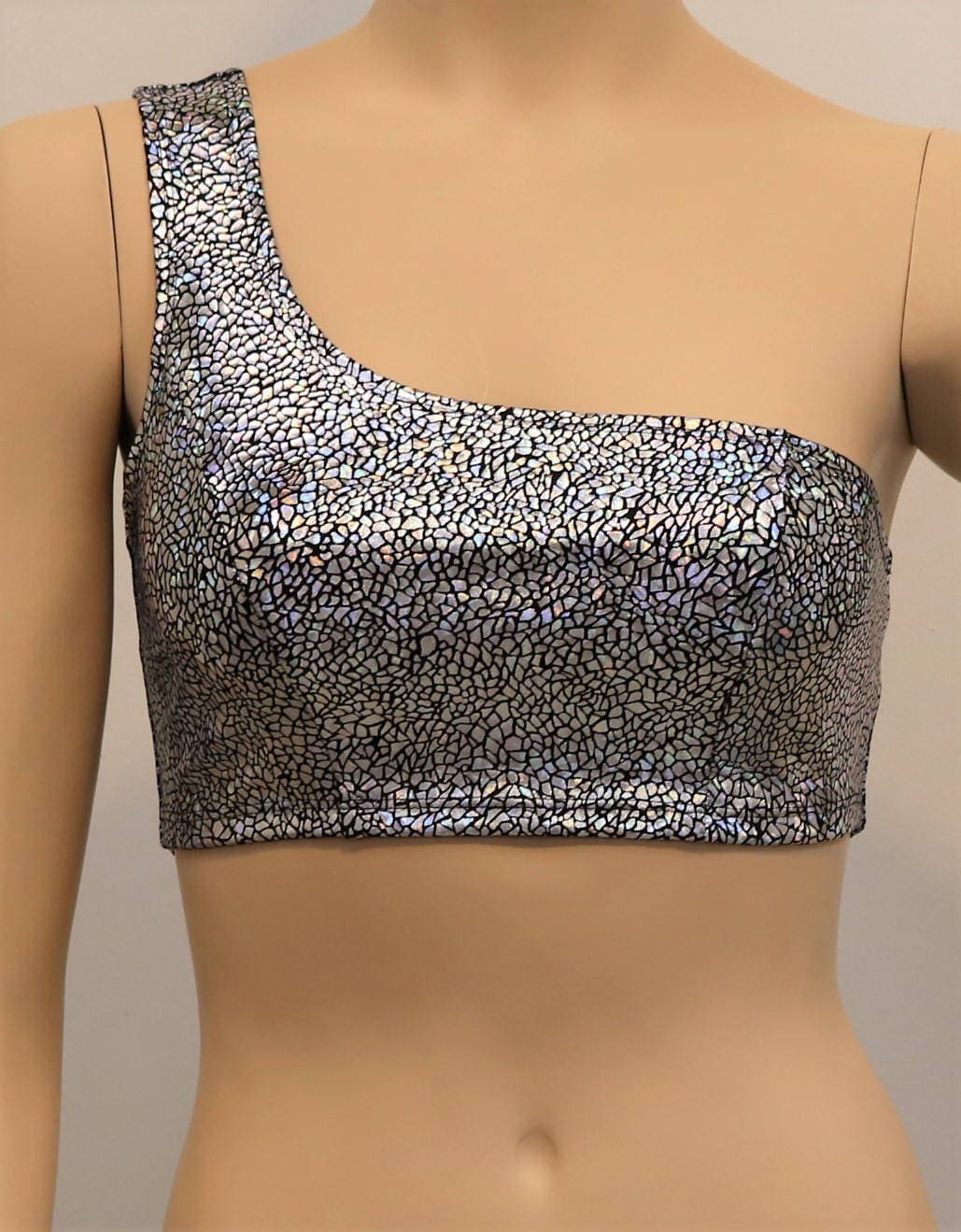one shoulder silver top