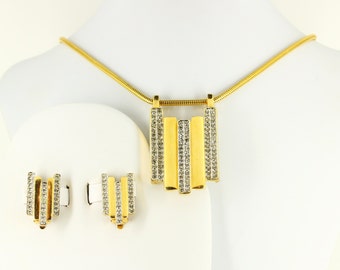 Big Art Deco Choker Necklace Clip On Earrings Set Parure - Large Formal Estate Jewelry - Vintage Mad Men Gold Rhinestone Geometric Statement