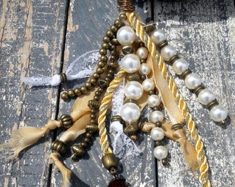Boho Tassel Pearls necklace, copper, white pearls and copper beads and lace tassel Boho chic long chain