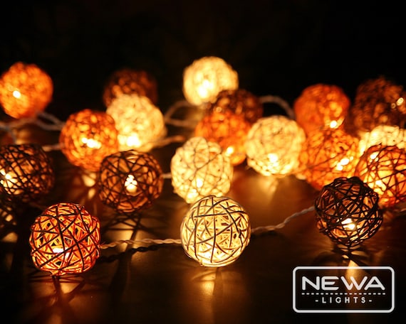 20 Brown White Mixing Rattan Ball String Lights by NewaLights