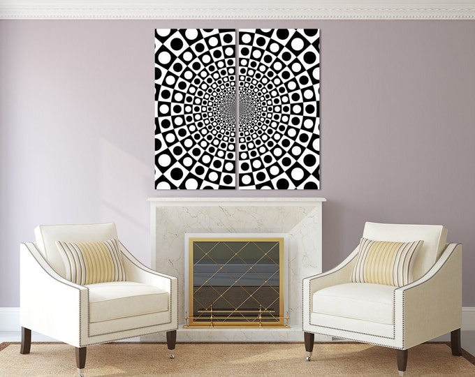 Black and white optical illusion wall art, trippy modern abstract art print on canvas, psychedelic art wall decor painting, vortex abstract