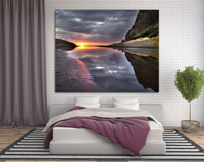 River bank sunset photography on canvas, shoreline wall art print, home decor water landscape nature photography, River wall art dekor