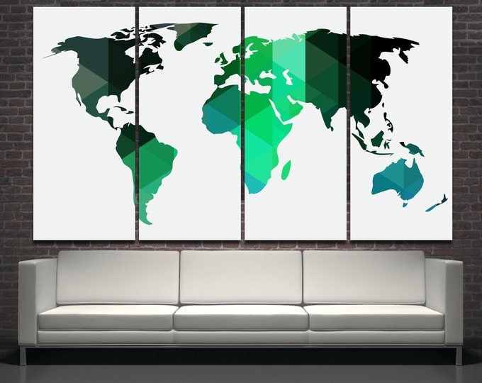 Large Green Geometric World Map Canvas Print, Modern world map 3, 5 Panels abstract green and black world map Canvas Wall Art black map